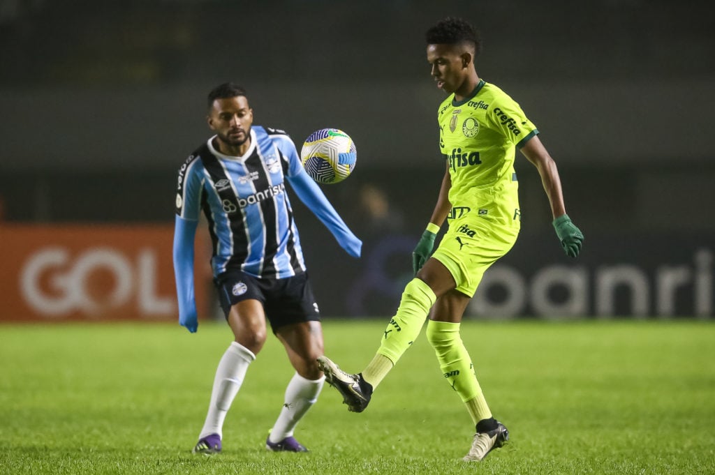 Estevao of Palmeiras controls the ball against Reinaldo of Gremio during the match between Gremio and Palmeiras as part of Brasileirao 2024 at Fran...