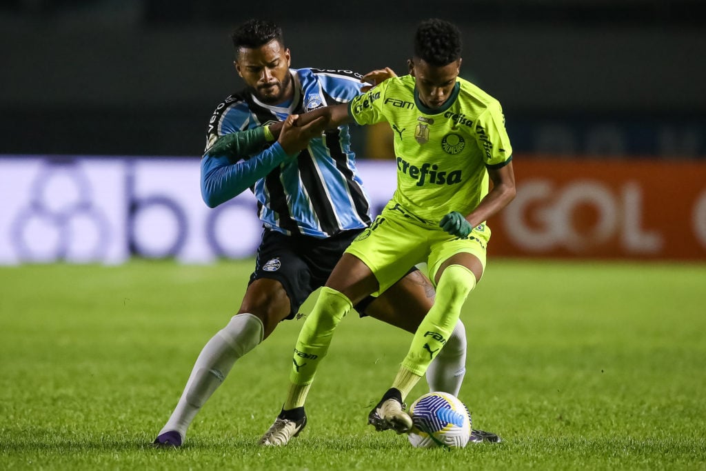 Reinaldo of Gremio and Estevao of Palmeiras compete for the ball during the match between Gremio and Palmeiras as part of Brasileirao 2024 at Franc...