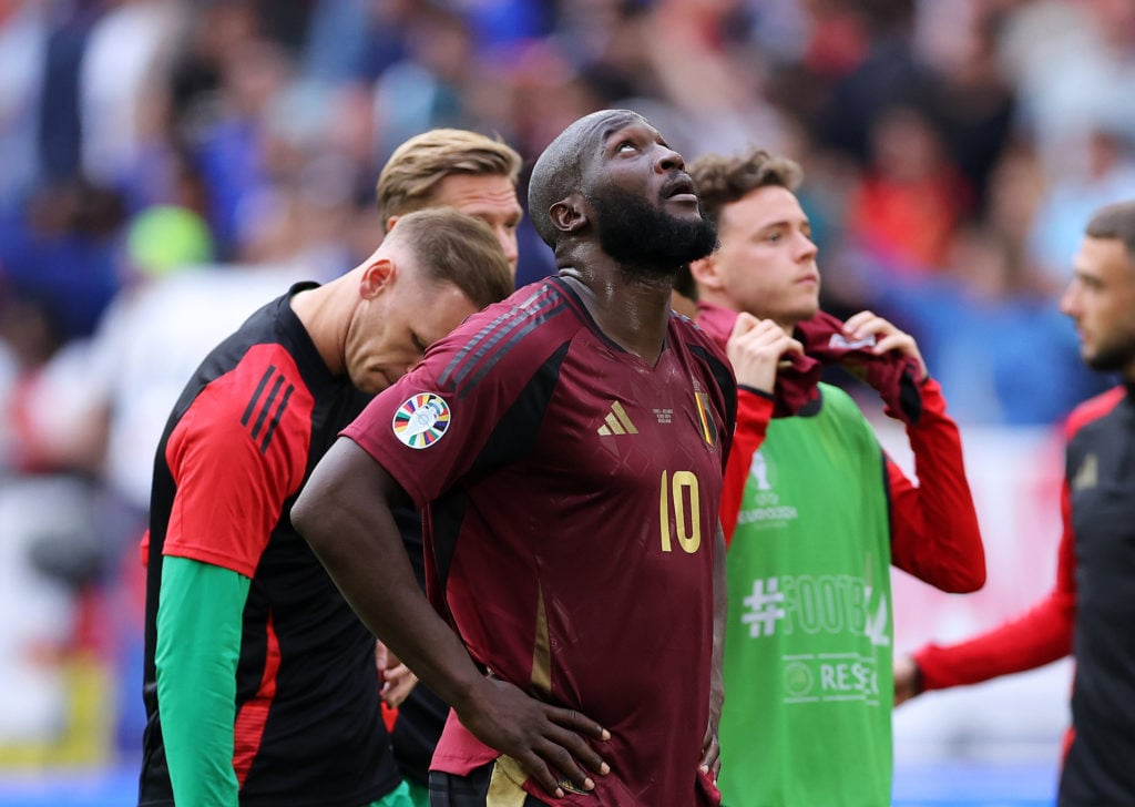 Romelu Lukaku of Belgium looks to the sky as he reacts after defeat to France during the UEFA EURO 2024 round of 16 match between France and Belgiu...
