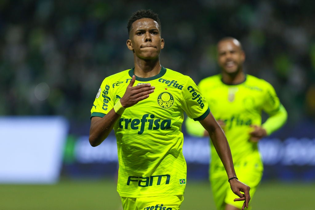 Estevao of Palmeiras celebrates after scoring the team´s first goal during the match between Palmeiras and Bahia at Allianz Parque on July 7, 2024 ...