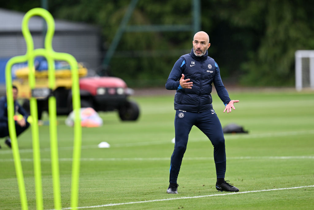 Head Coach Enzo Maresca of Chelsea during a training session at Chelsea Training Ground on July 8, 2024 in Cobham, England.