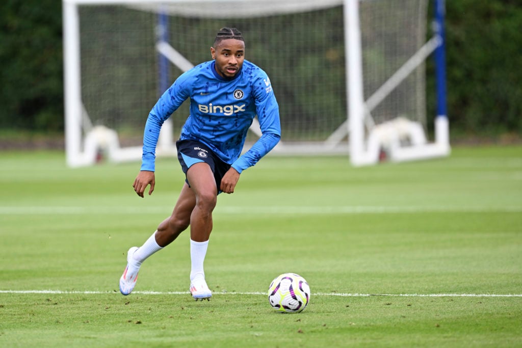 Christopher Nkunku of Chelsea during a training session at Chelsea Training Ground on July 8, 2024 in Cobham, England.