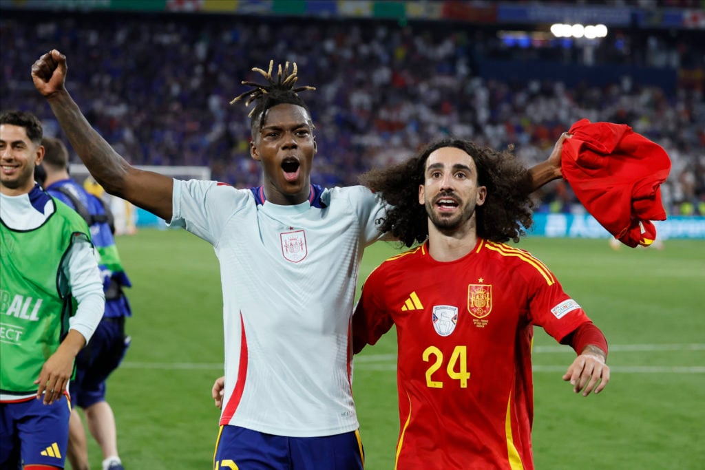 Nico Williams and Marc Cucurella of Spain celebrates after winning the UEFA EURO 2024 semi-final match between Spain v France at Munich Football Ar...