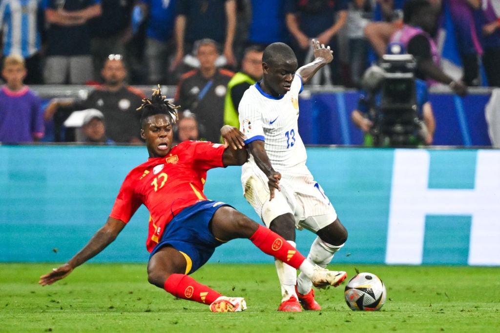 Nico WILLIAMS of Spain and Ngolo KANTE of France during the UEFA Euro 2024 Semifinal match between Espagne and France at Allianz Arena on July 9, 2...