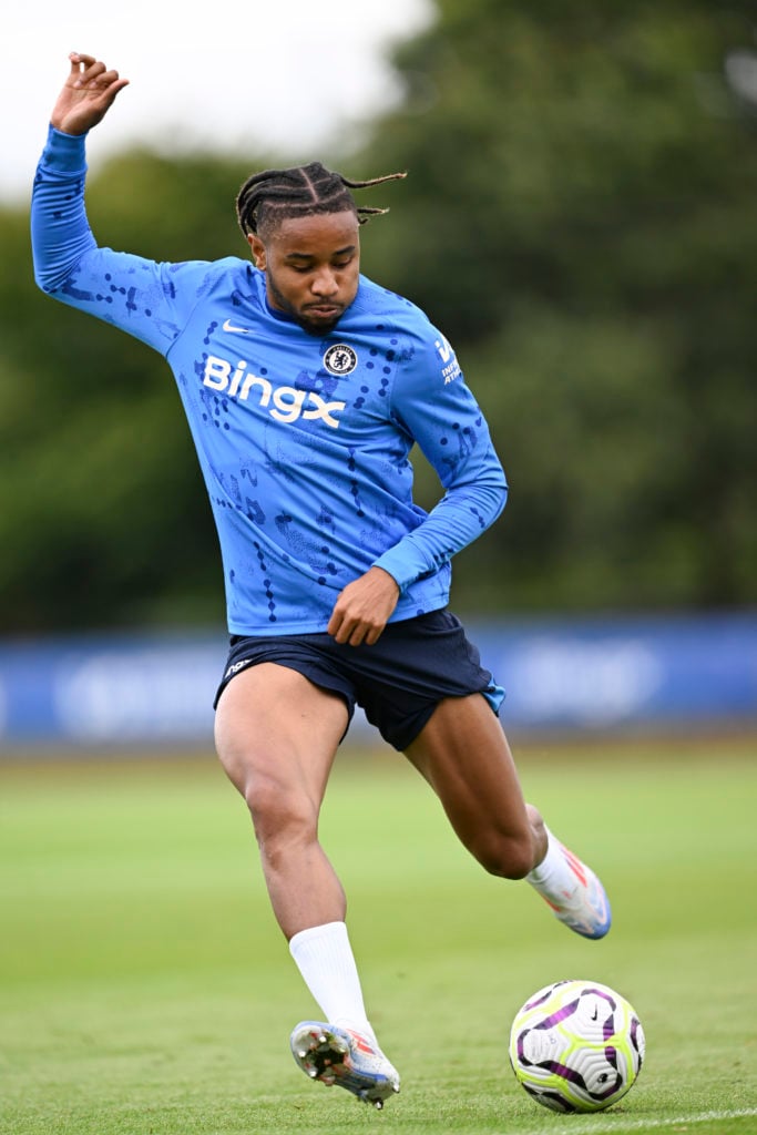 Christopher Nkunku of Chelsea during a training session at Chelsea Training Ground on July 10, 2024 in Cobham, England.