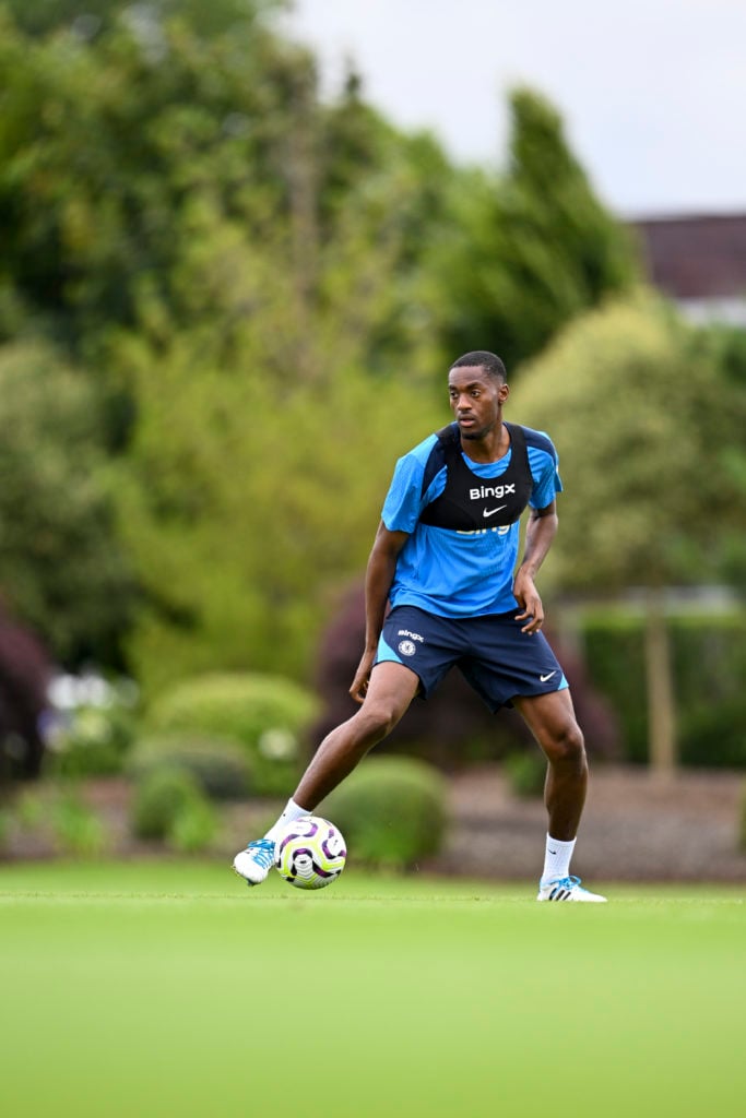 Tosin Adarabioyo of Chelsea during a training session at Chelsea Training Ground on July 10, 2024 in Cobham, England.