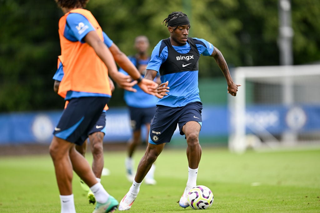Noni Madueke of Chelsea during a training session at Chelsea Training Ground on July 10, 2024 in Cobham, England.
