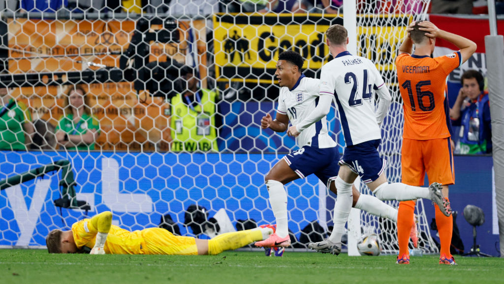 Ollie Watkins of England and Cole Palmer of England celebrate winning goal during the UEFA EURO 2024 semi-final match between Netherlands and Engla...