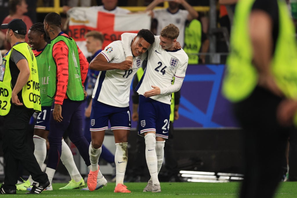 Ollie Watkins (England) is being congratulated by Cole Palmer (England) after the Semi Final of the UEFA European Championship between England and ...