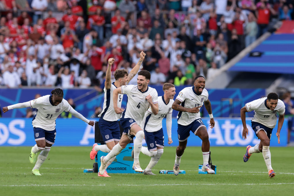 England players celebrate after Trent Alexander-Arnold scored the decisive penalty in the shoot out during the UEFA EURO 2024 quarter-final match b...