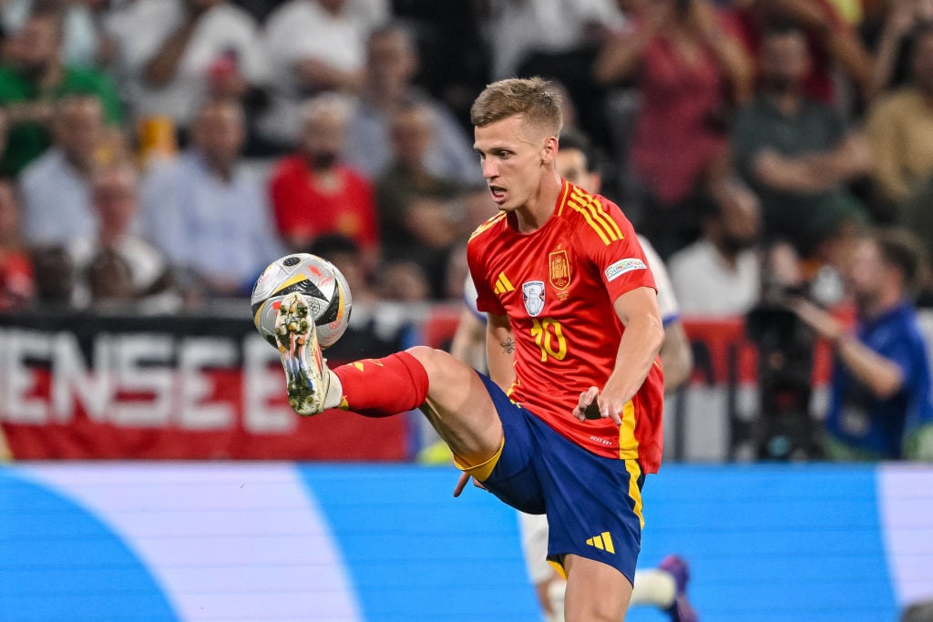 Dani Olmo of Spain controls the Ball during the UEFA EURO 2024 semi-final match between Spain and France at Munich Football Arena on July 9, 2024 i...