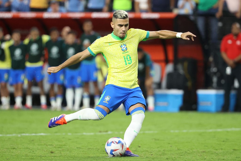 Andreas Pereira of Brazil scores the team's second penalty in the penalty shoot-out during the CONMEBOL Copa America 2024 quarterfinal match betwee...