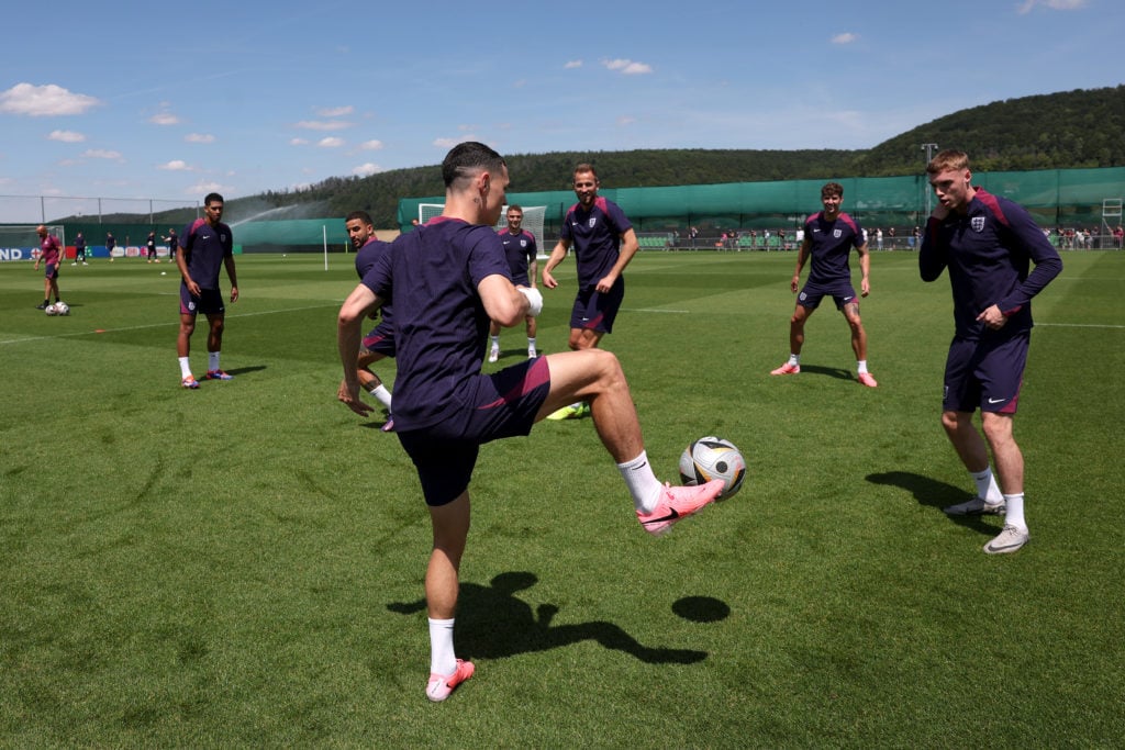 Phil Foden of England controls the ball during a training session at Spa & Golf Resort Weimarer Land on July 09, 2024 in Blankenhain, Germany.