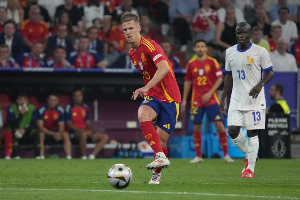 Dani Olmo of Spain in action during the UEFA EURO 2024 semi-final match between Spain v France at Munich Football Arena on July 09, 2024 in Munich,...