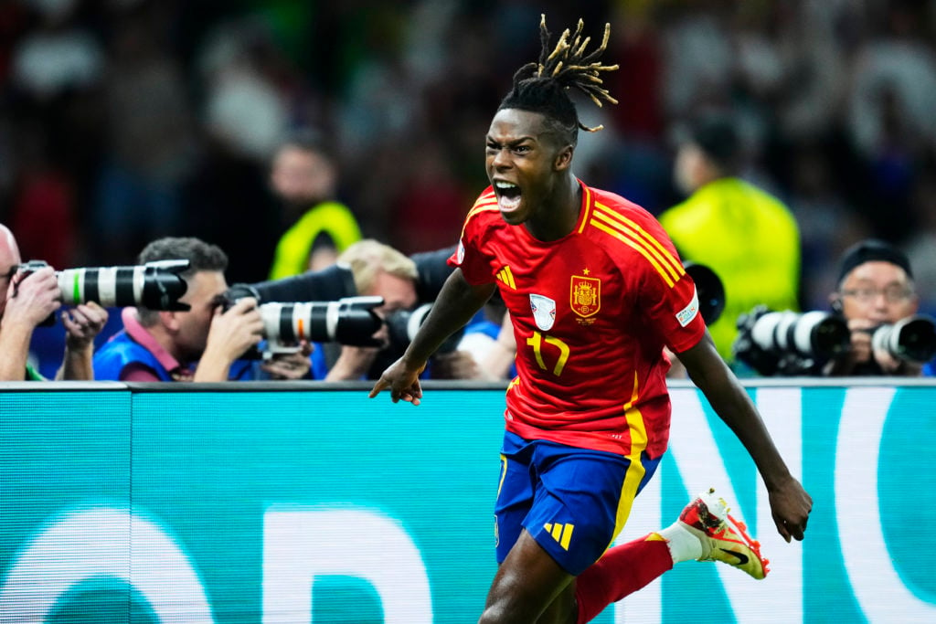 Nico Williams left winger of Spain and Athletic Club Bilbao celebrates after scoring his team's first goal during the UEFA EURO 2024 final match be...