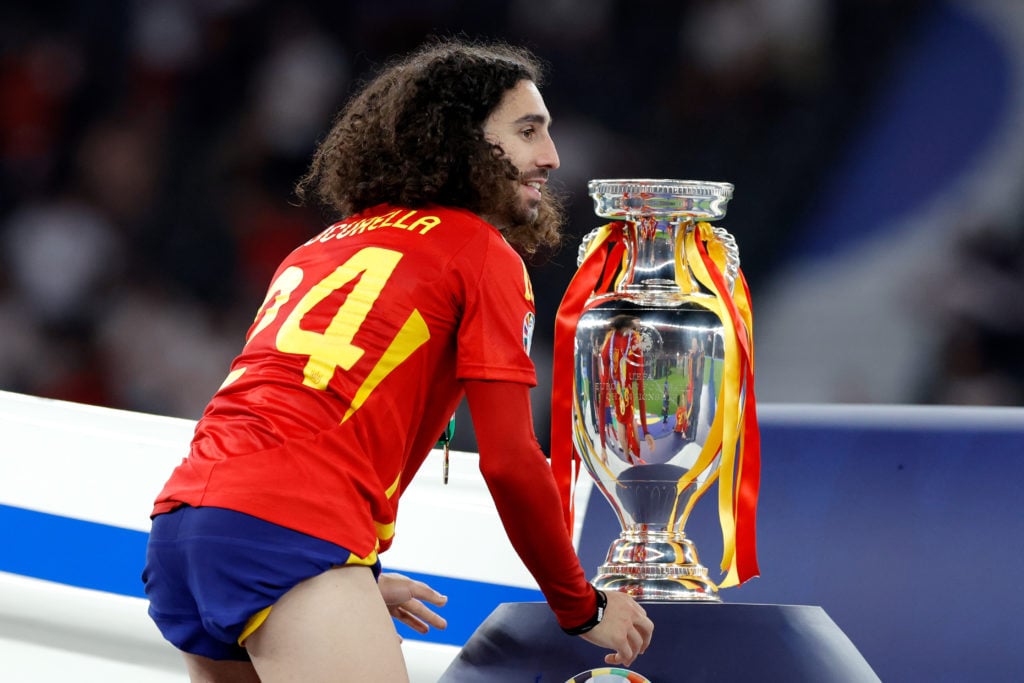 Marc Cucurella of Spain celebrates the European Championship victory with the trophy  during the  EURO match between Spain  v England  at the Olymp...