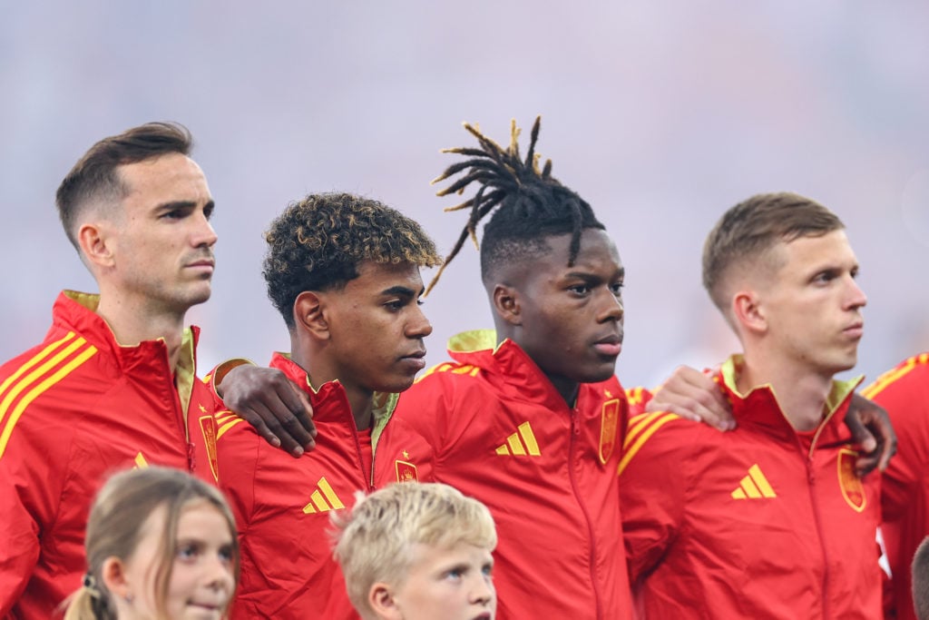 Fabian Ruiz, Lamine Yamal, Nico Williams and Dani Olmo of Spain line up during the UEFA EURO 2024 final match between Spain and England at Olympias...
