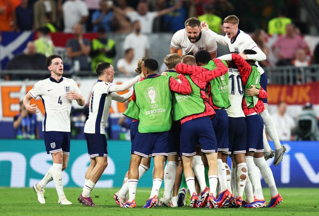 Luke Shaw and Cole Palmer of England celebrate with teammates after Ollie Watkins of England (obscured) scores the teams second goal during the UEF...