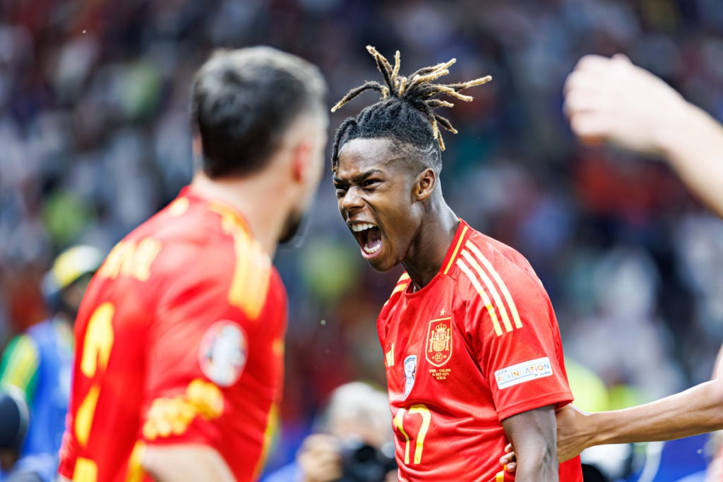 Nico Williams (R) (Spain) seen celebrating a goal during the UEFA Euro 2024 final game between national teams of Spain and England at Olympiastadiu...