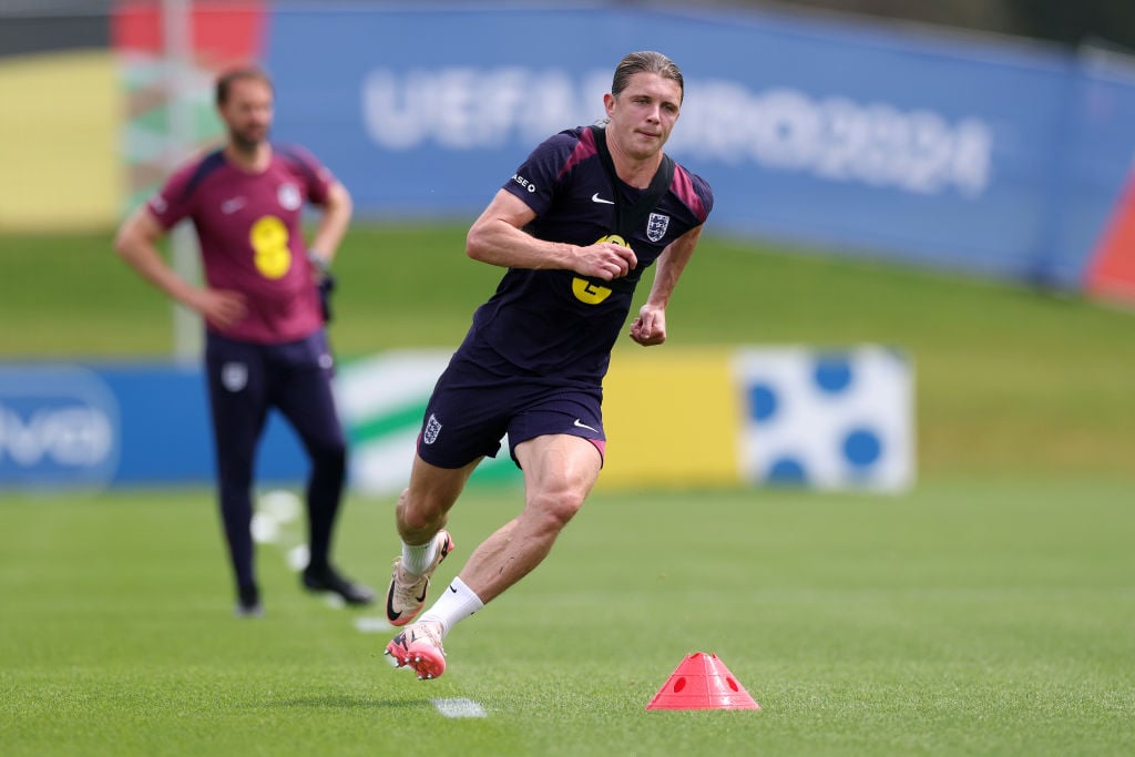 Conor Gallagher of England runs during a training session at Spa & Golf Resort Weimarer Land on July 12, 2024 in Blankenhain, Germany.