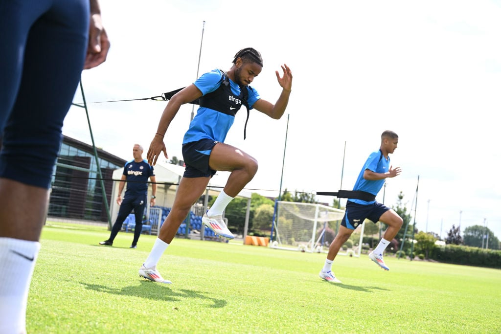 Christopher Nkunku and Angelo Gabriel of Chelsea during a training session at Chelsea Training Ground on July 17, 2024 in Cobham, England.