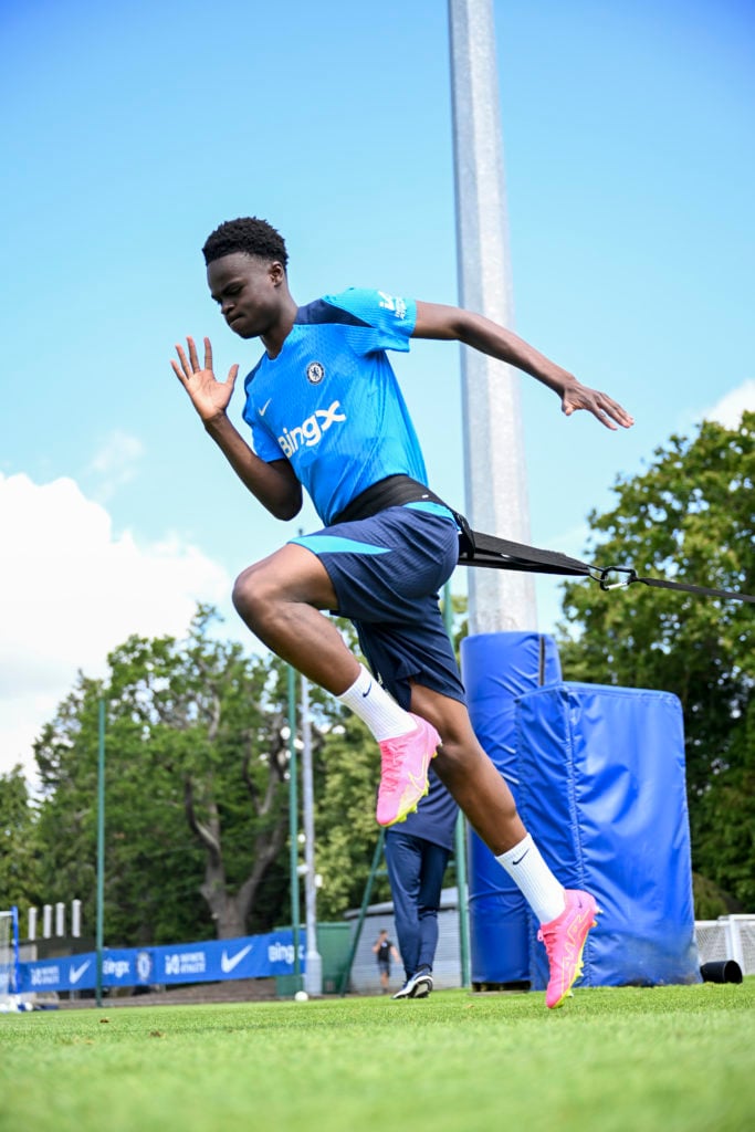 Tyrique George of Chelsea during a training session at Chelsea Training Ground on July 17, 2024 in Cobham, England.
