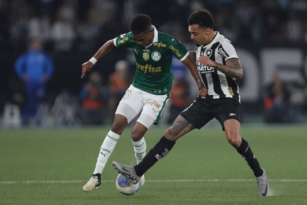 Estevao of Palmeiras competes for the ball with Gregore of Botafogo during the match between Botafogo and Palmeiras as part of Brasileirao 2024 at ...