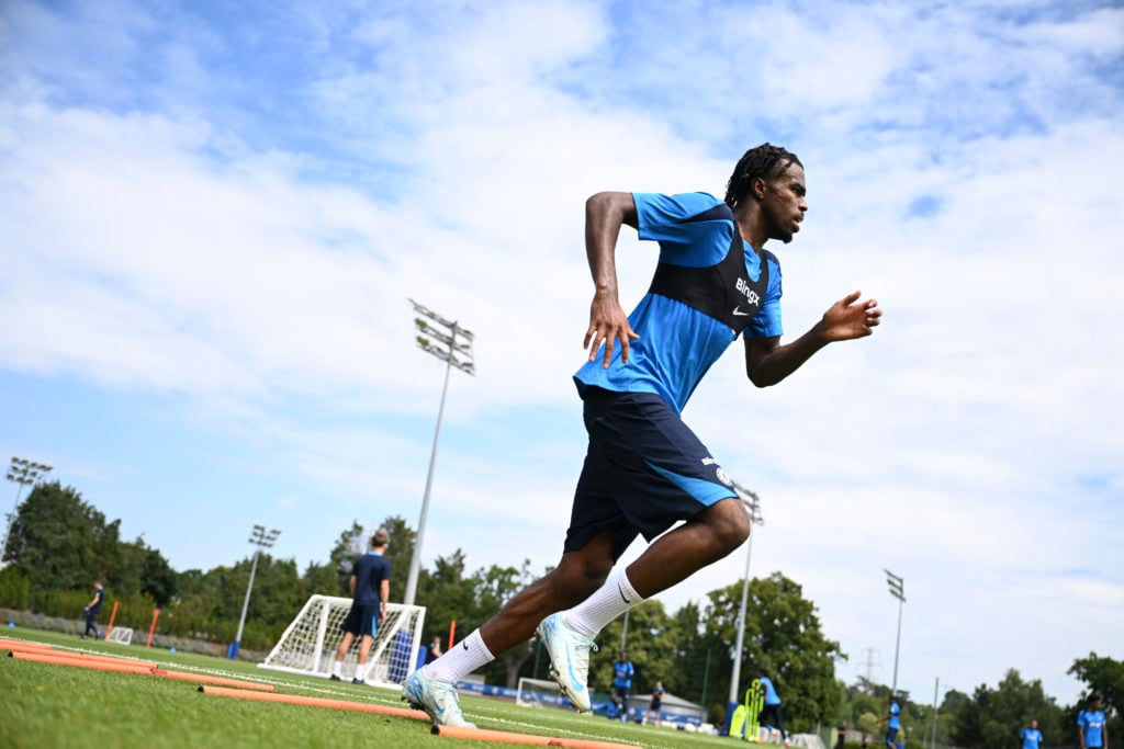 Carney Chukwuemeka of Chelsea during a training session at Chelsea Training Ground on July 18, 2024 in Cobham, England.