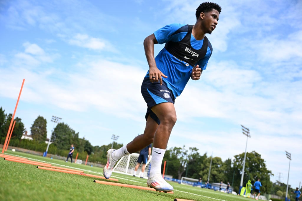 Andrey Santos of Chelsea during a training session at Chelsea Training Ground on July 18, 2024 in Cobham, England.