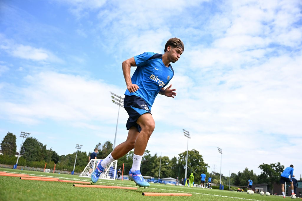 Marc Guiu of Chelsea during a training session at Chelsea Training Ground on July 18, 2024 in Cobham, England.