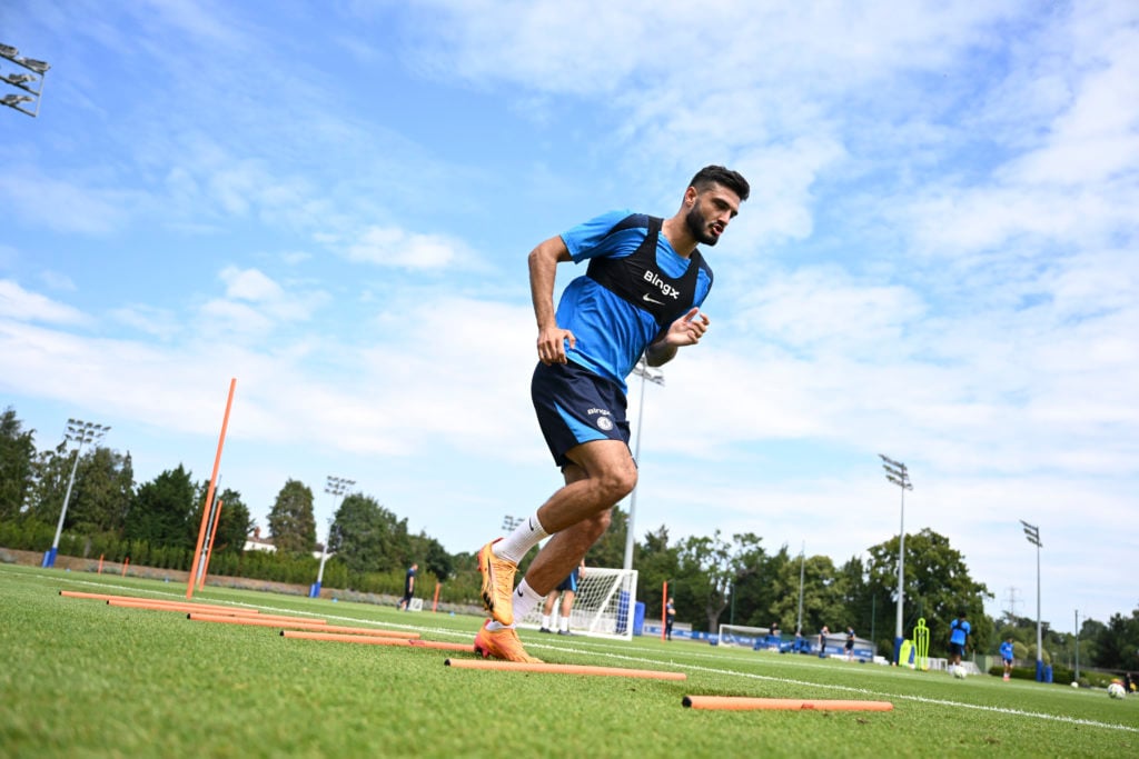 Armando Broja of Chelsea during a training session at Chelsea Training Ground on July 18, 2024 in Cobham, England.