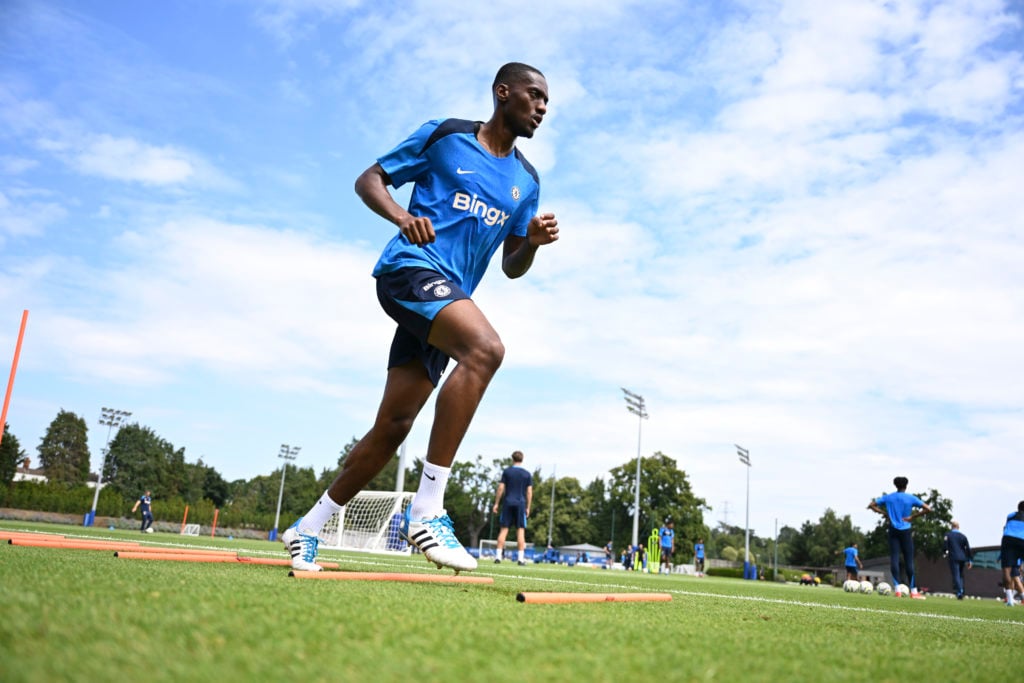 Tosin Adarabioyo of Chelsea during a training session at Chelsea Training Ground on July 18, 2024 in Cobham, England.