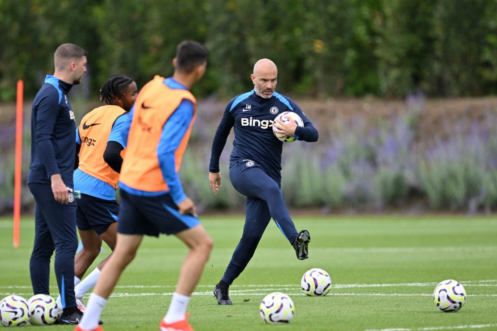 Head Coach Enzo Maresca of Chelsea during a training session at Chelsea Training Ground on July 18, 2024 in Cobham, England.