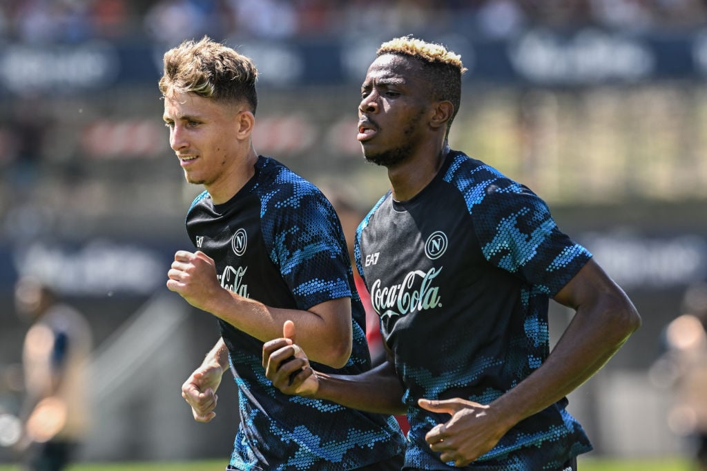 SSC Napoli players Victor Osimhen and 
Jesper Lindstrøm during the morning training session at Dimaro Sport Center, on July 14 2024 in Dimaro, Italy.