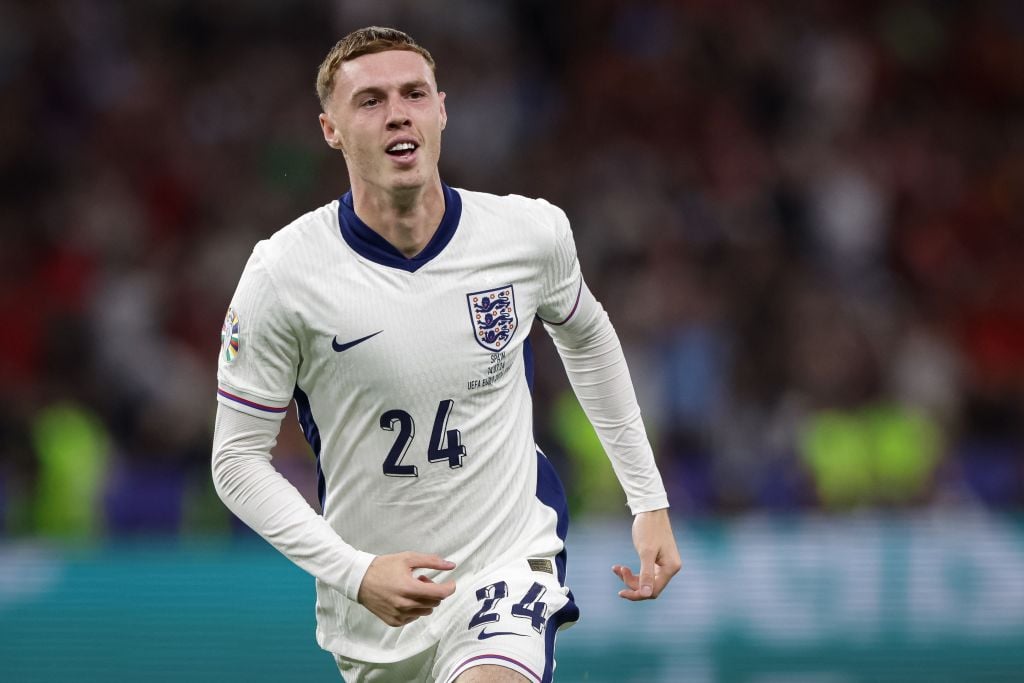 Cole Palmer of England celebrates his goal during the UEFA EURO 2024 final match between Spain and England at Olympiastadion on July 14, 2024 in Be...