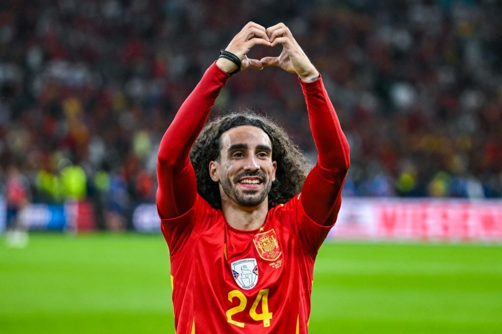Marc Cucurella of Spain applauds the fans after his side's victory in the UEFA EURO 2024 final match between Spain and England at Olympiastadion on...