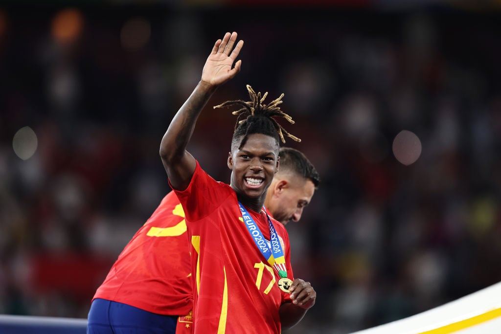 Nico Williams of Spain waves to the crowd with his winners medal following the UEFA EURO 2024 final match between Spain and England at Olympiastadi...