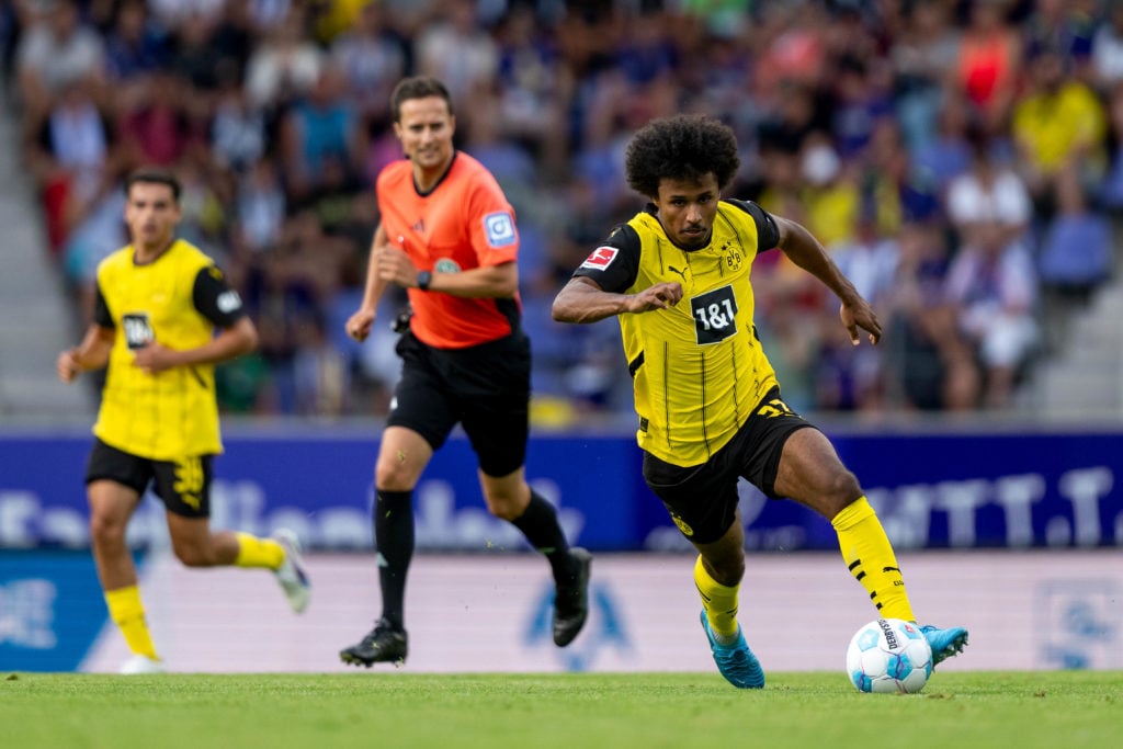 Karim Adeyemi of Borussia Dortmund during the pre-season friendly match between Borussia Dortmund and Erzgebirge Aue on July 17, 2024 in Aue, Germany.