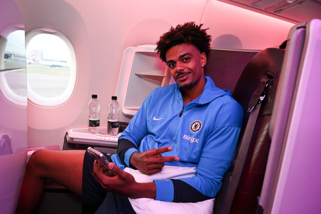 Renato Veiga of Chelsea during their flight to the United States of America at Heathrow Airport on July 22, 2024 in London, England.