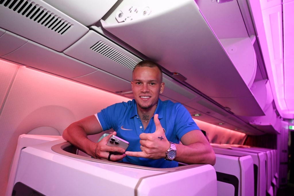 Mykhailo Mudryk of Chelsea during their flight to the United States of America at Heathrow Airport on July 22, 2024 in London, England.