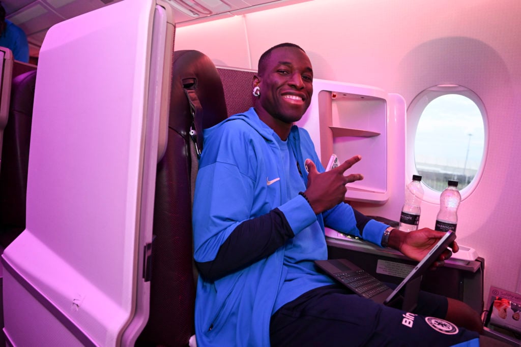 Nicolas Jackson of Chelsea during their flight to the United States of America at Heathrow Airport on July 22, 2024 in London, England.