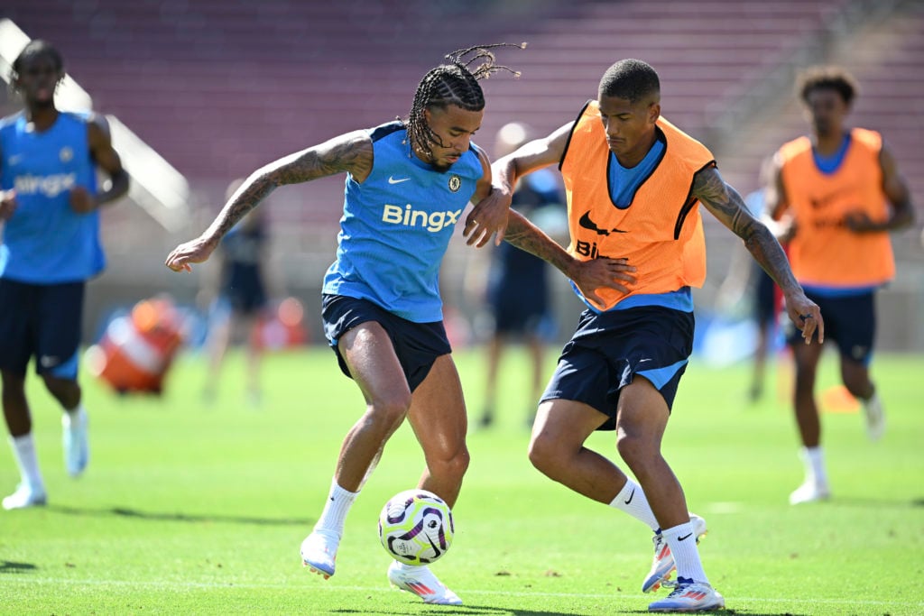 Malo Gusto and Angelo Gabriel of Chelsea during a training session at Stanford University on July 23, 2024 in Stanford, California.