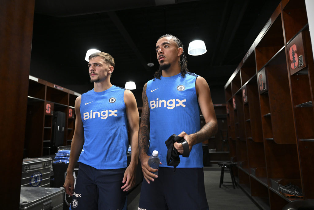 Kiernan Dewsbury-Hall and Malo Gusto of Chelsea in the dressing room as they prepare for a training session at Stanford University on July 23, 2024...