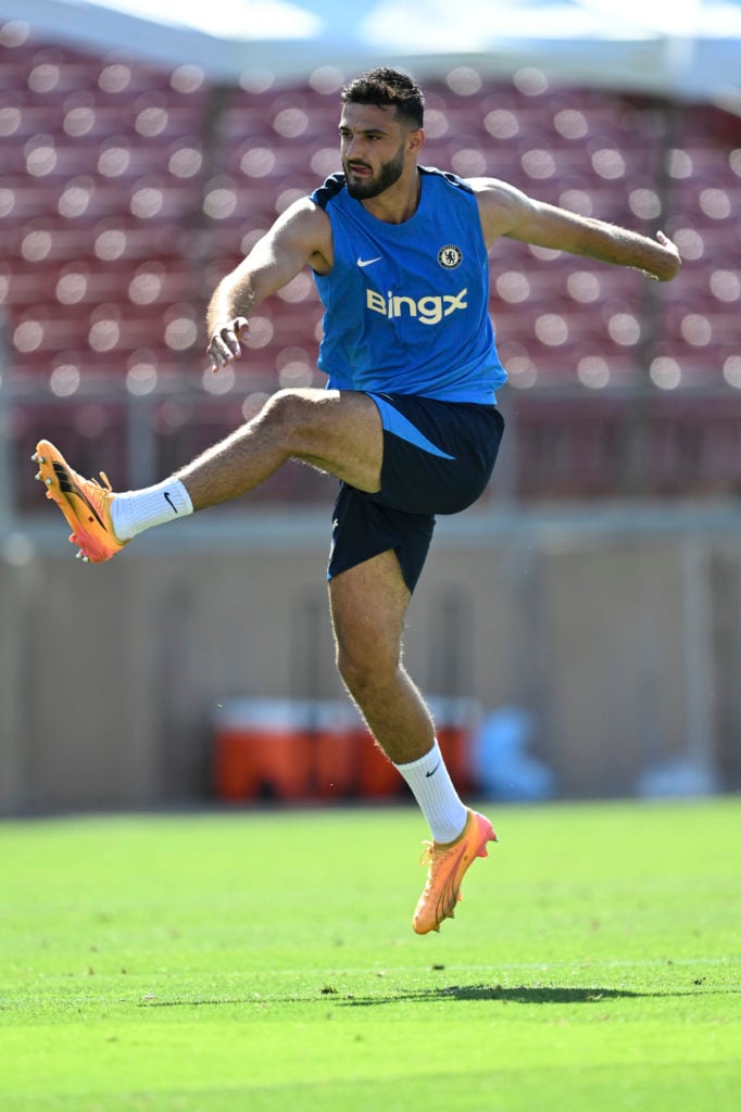 Armando Broja of Chelsea during a training session at Stanford University on July 23, 2024 in Stanford, California.