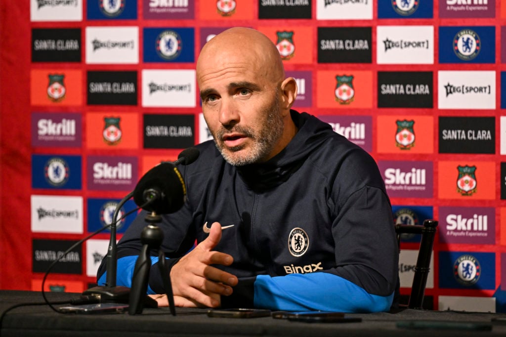 Head Coach Enzo Maresca of Chelsea during a press conference at Levi Stadium on July 23, 2024 in Stanford, California.
