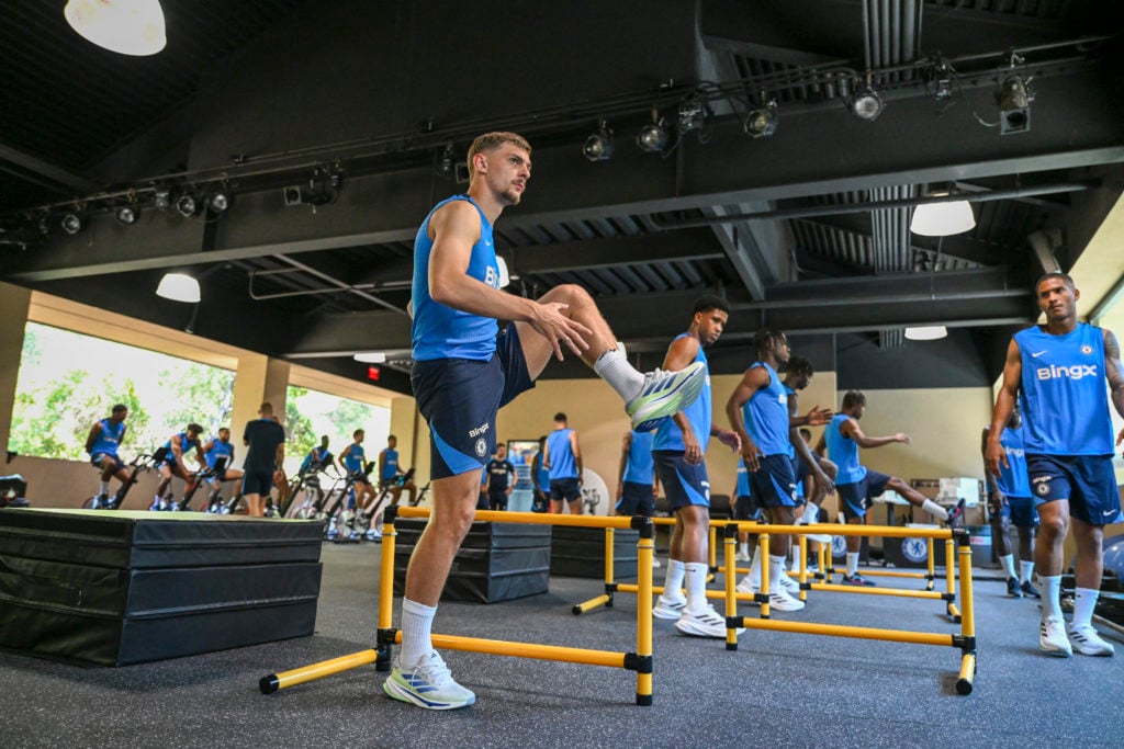 Kiernan Dewsbury-Hall and Andrey Santos of Chelsea during a gym session at Stanford University on July 23, 2024 in Stanford, California.