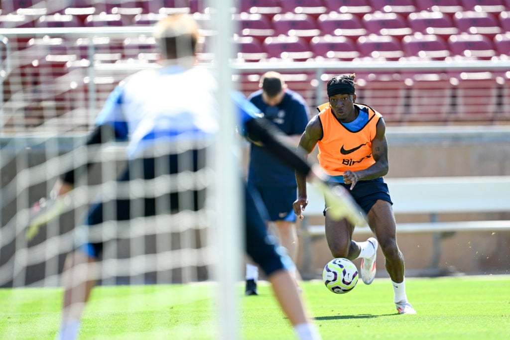 Noni Madueke of Chelsea during a training session at Stanford University on July 23, 2024 in Stanford, California.