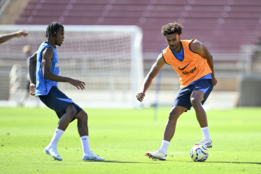 Carney Chukwuemeka and Renato Veiga of Chelsea during a training session at Stanford University on July 23, 2024 in Stanford, California.