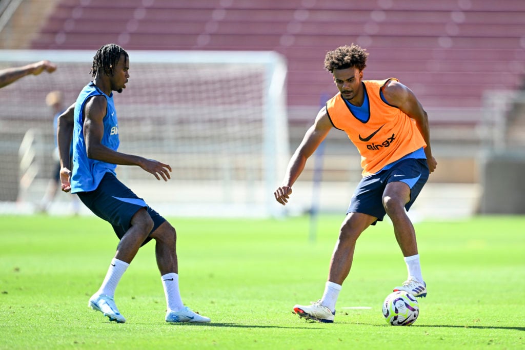Carney Chukwuemeka and Renato Veiga of Chelsea during a training session at Stanford University on July 23, 2024 in Stanford, California.