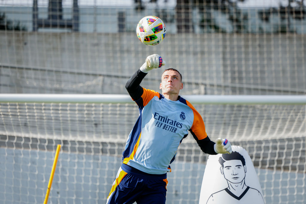 Andriy Lunin, player of Real Madrid, is training with his teammates at Valdebebas training ground on July 19, 2024 in Madrid, Spain.